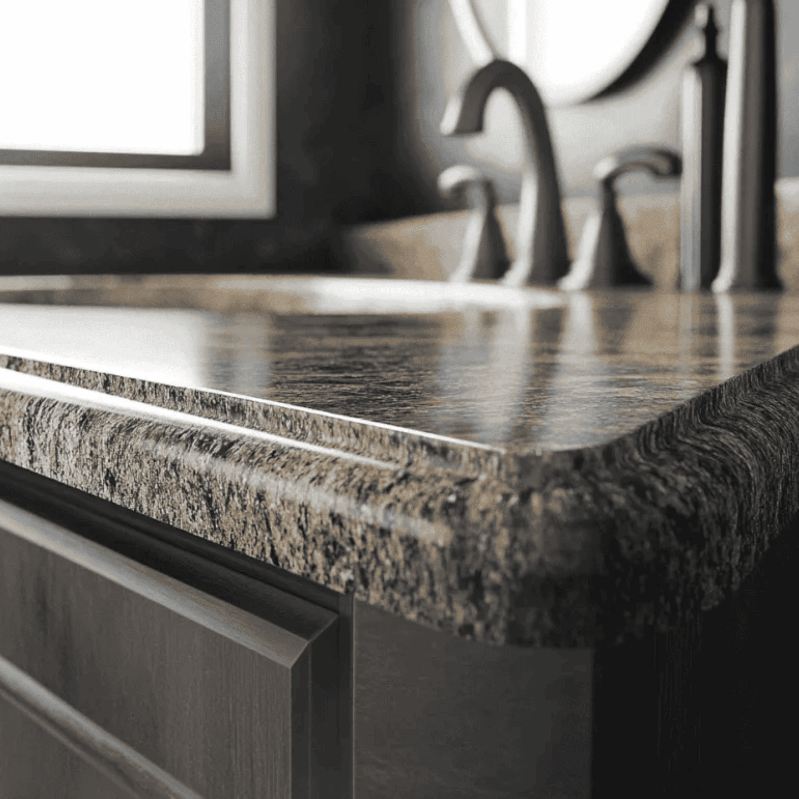 close-up of granite bathroom vanity worktop