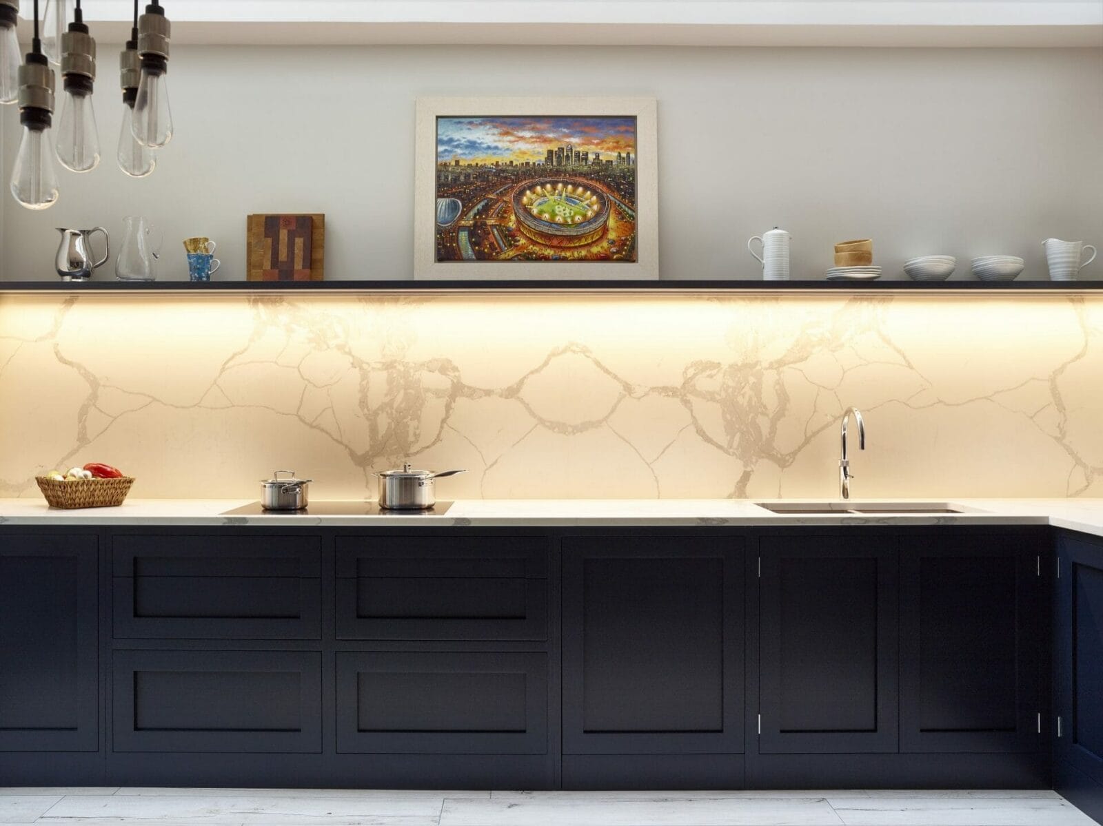 Light up quartz splashback installed by Sabre Stone in Fulham